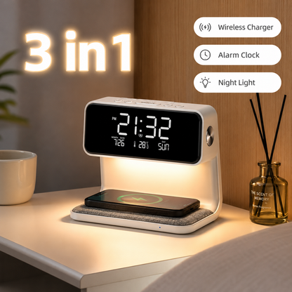 Creative 3-in-1 Night Lamp – Wireless Charger, Alarm Clock & LCD Screen