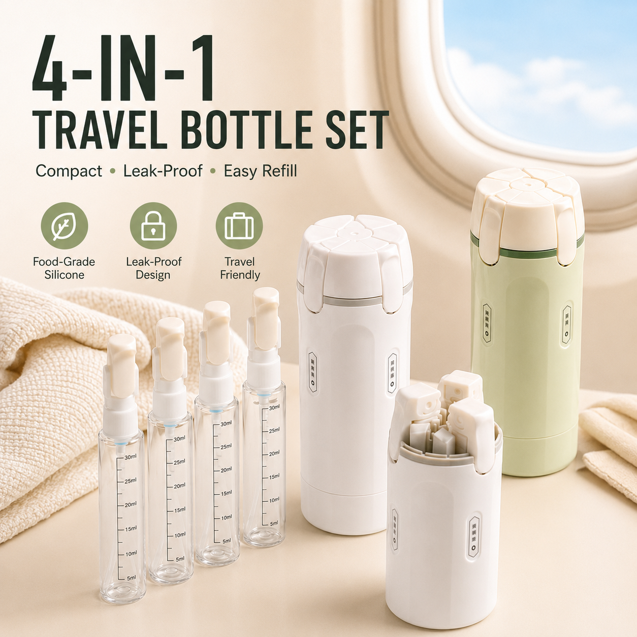 4 in 1 Travel Dispenser – Leakproof Portable Travel Bottles for Shampoo, Conditioner, Lotion & Perfume