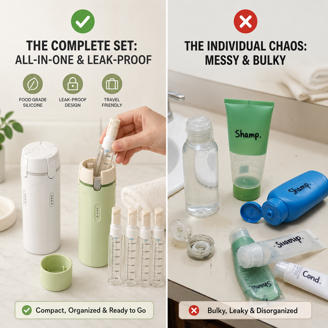 4 in 1 Travel Dispenser – Leakproof Portable Travel Bottles for Shampoo, Conditioner, Lotion & Perfume