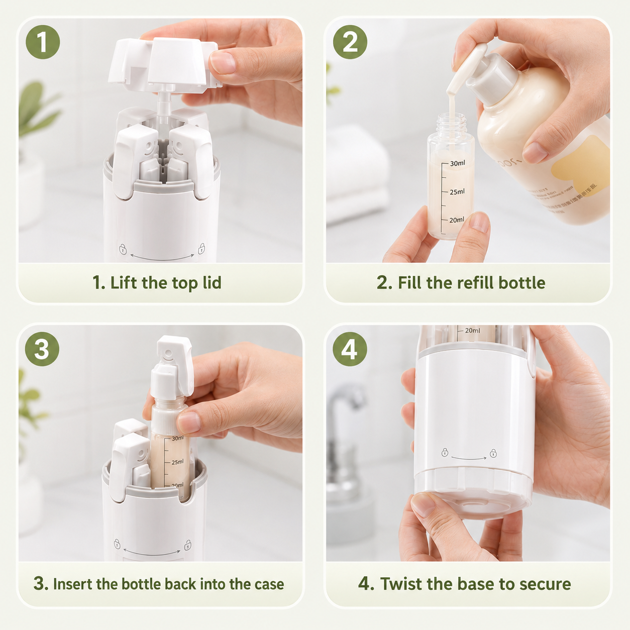 4 in 1 Travel Dispenser – Leakproof Portable Travel Bottles for Shampoo, Conditioner, Lotion & Perfume