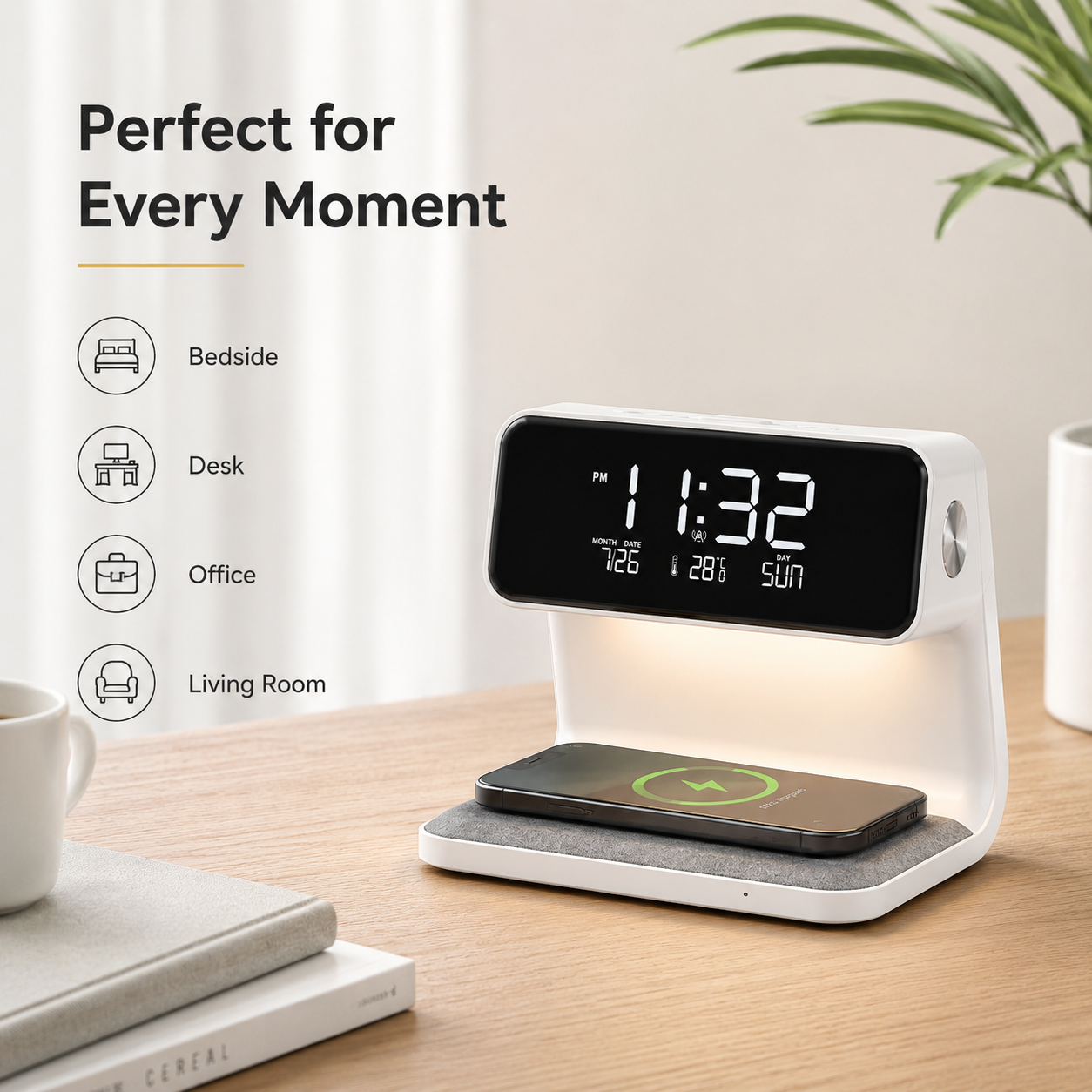Creative 3-in-1 Night Lamp – Wireless Charger, Alarm Clock & LCD Screen