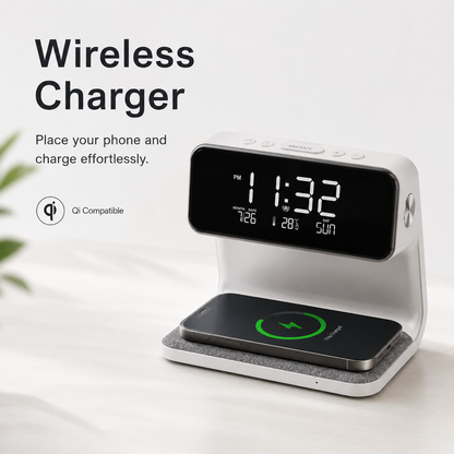 Creative 3-in-1 Night Lamp – Wireless Charger, Alarm Clock & LCD Screen