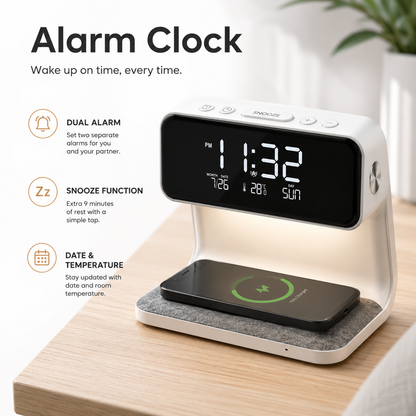 Creative 3-in-1 Night Lamp – Wireless Charger, Alarm Clock & LCD Screen