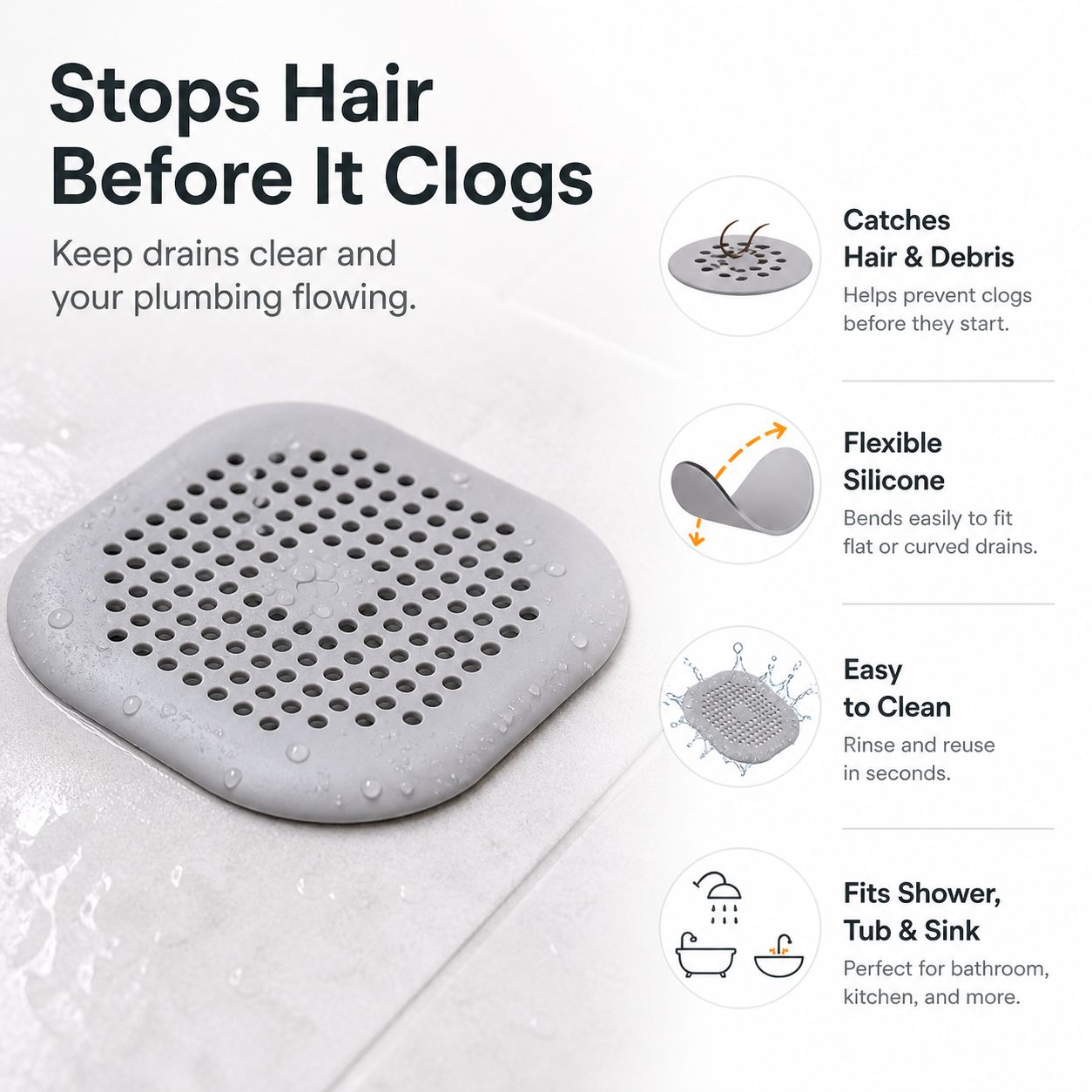 Silicone Hair Catcher Drain Cover for Shower, Tub & Sink