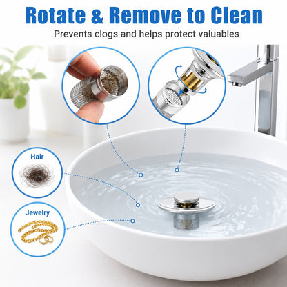 Pop-Up Bathroom Sink Stopper with Hair Catcher Universal Anti-Clog Drain Filter